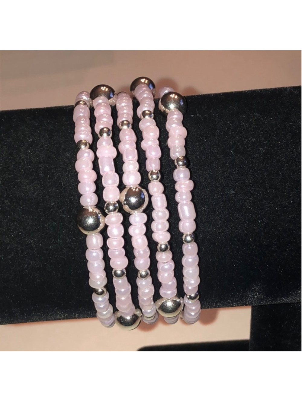 Delicate Pink Beaded Silver Tone Boho Wrap Bracelet
